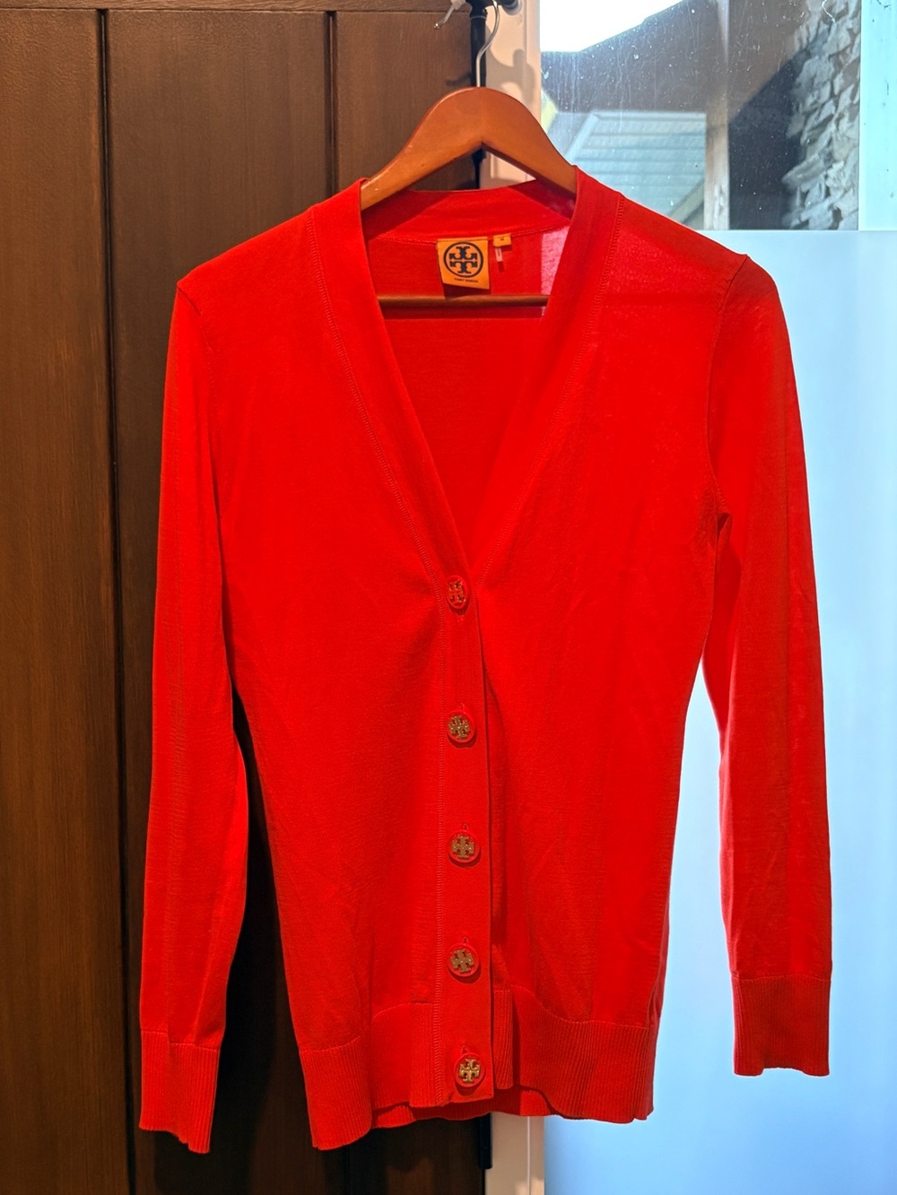 Tory Burch Simone V-Neck Cardigan Orange Gold Logo M